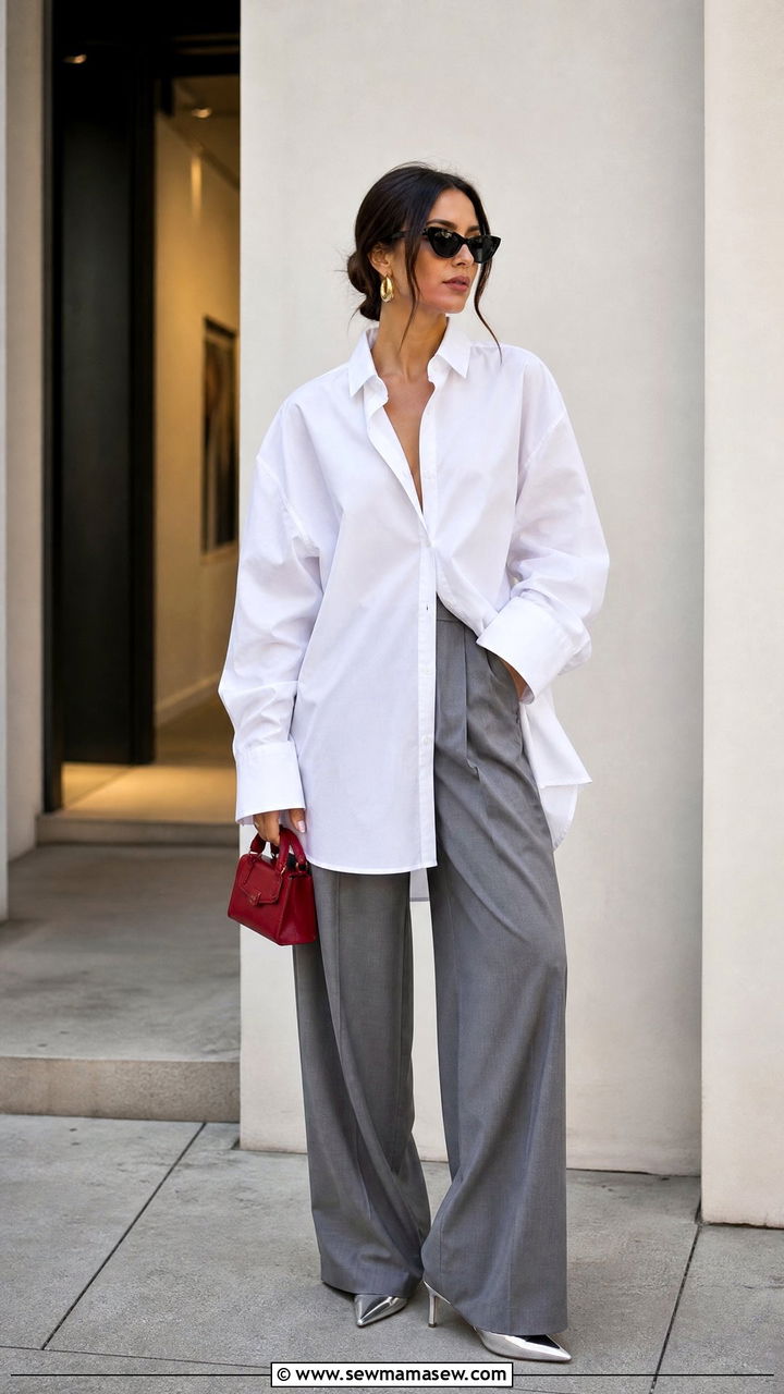 Oversized Button Down with Tailored Wide Leg Trousers - 25 Wide leg trousers outfit ideas with a button down