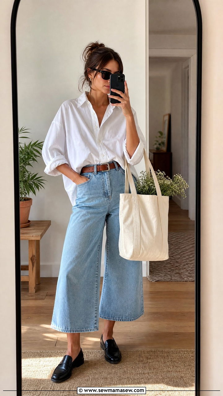 Oversized Button Up Shirt With Denim Culottes and a Leather Belt - 20 Eclectic grandpa outfit ideas women