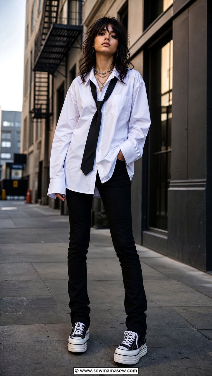 Oversized Button Up Shirt With Tie And Slim Pants - 35 Billie Eilish concert outfit ideas