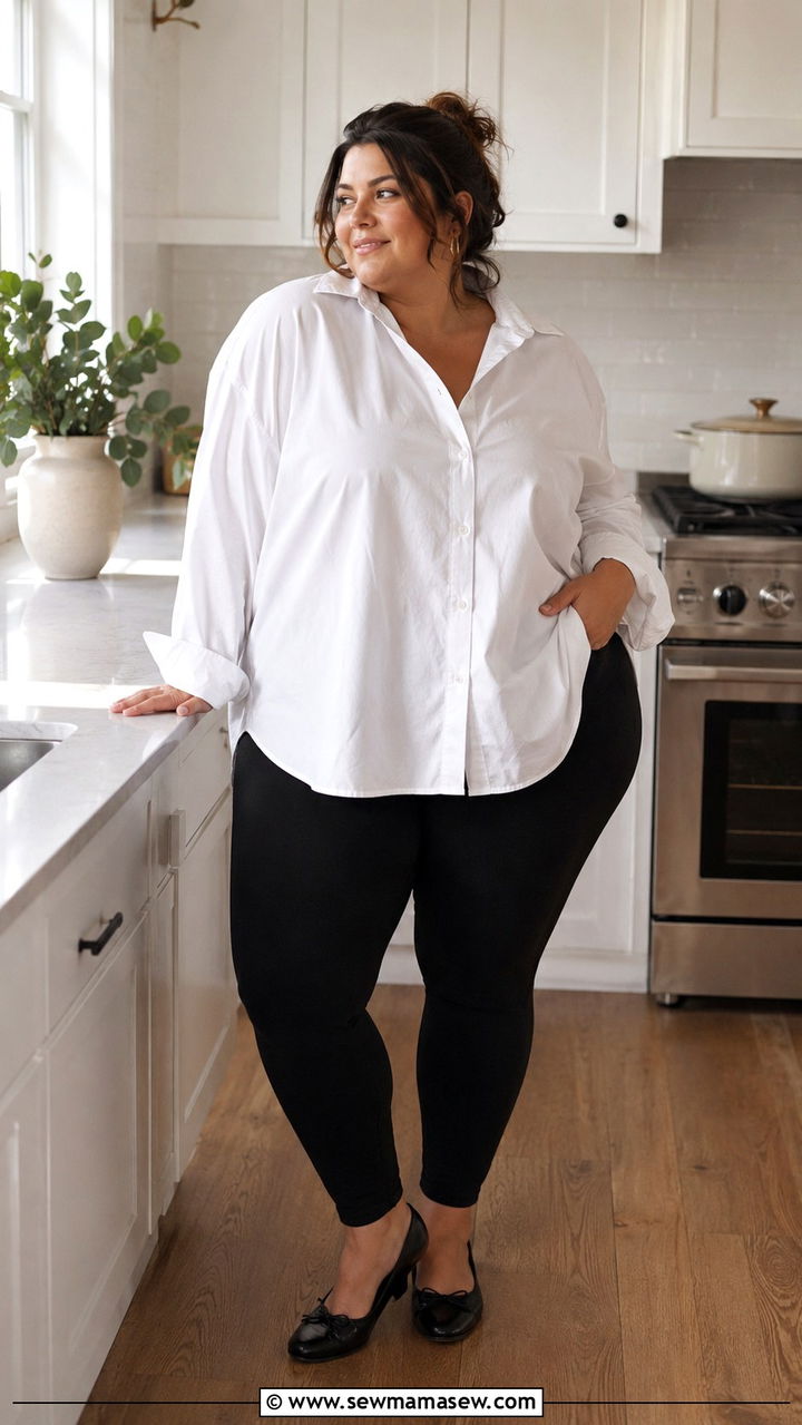 Oversized Button Up Shirt and Stretch Leggings - 30 Plus size loungewear outfit ideas
