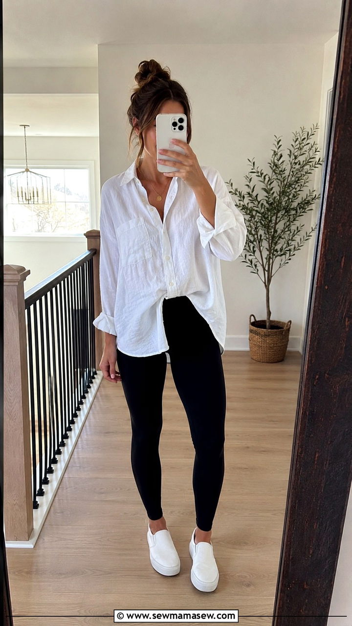 Oversized Button Up Shirt with Leggings and Sneakers - 30 Spring outfit ideas for stay at home mom