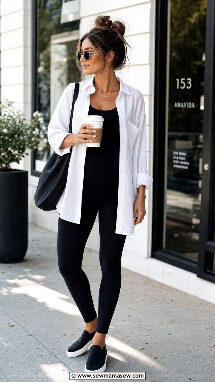 Oversized Button Up Shirt with Leggings - 25 classy outfits for new moms