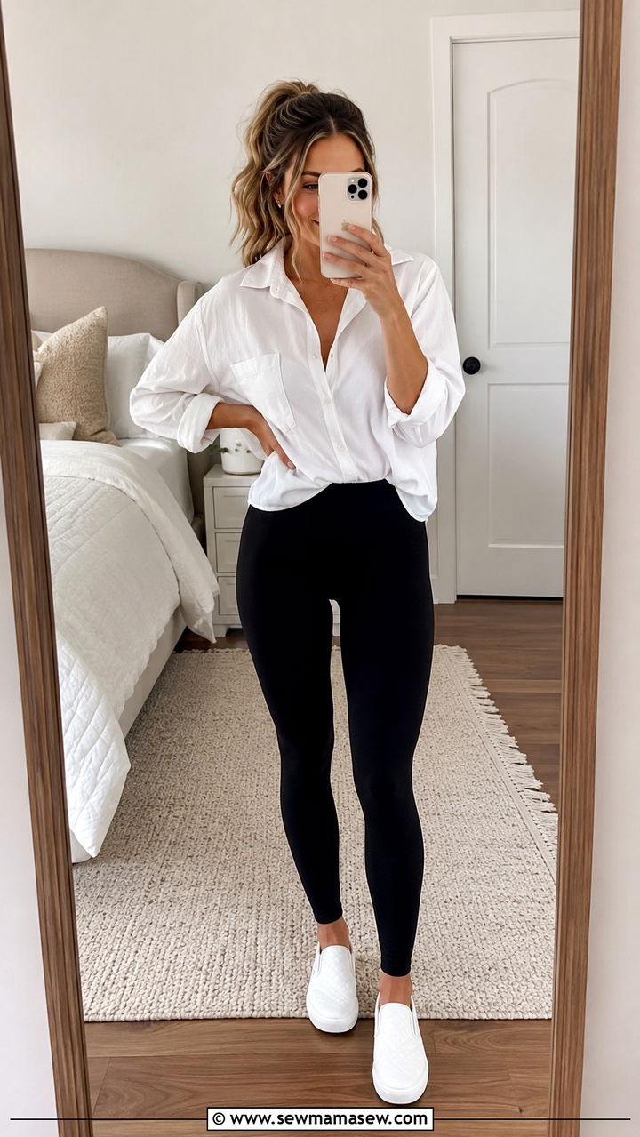 Oversized Button Up and Black Leggings - 30 Outfit ideas for stay at home moms