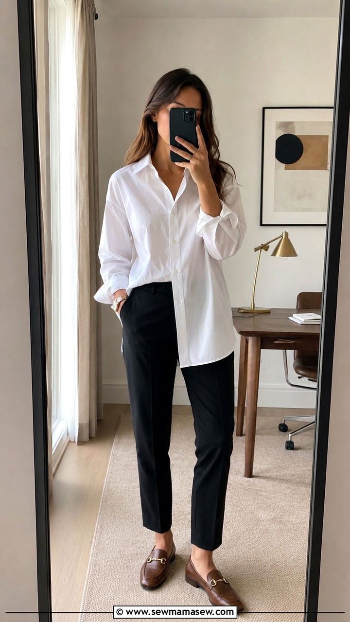 Oversized ButtonDown Shirt With Tailored Cigarette Trousers And Loafers Outfit - 25 work outfits for modest women