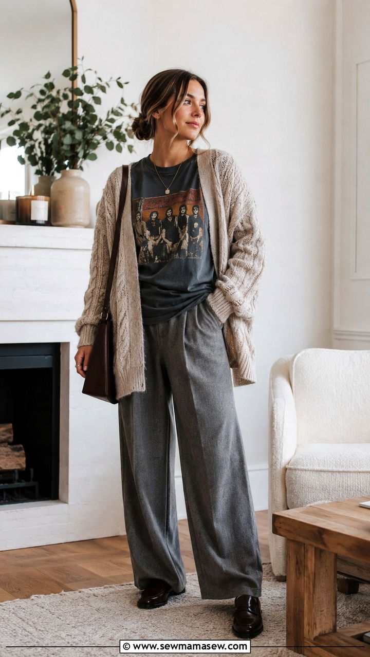 Oversized Cable Knit Cardigan Graphic Tee Wide Leg Trousers - 30 classy 90s outfit ideas