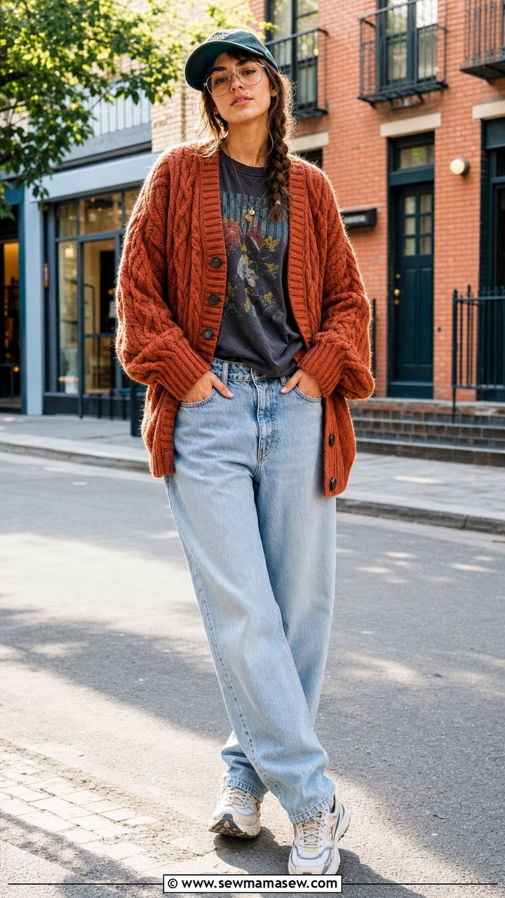 Oversized Cable Knit Cardigan With Vintage Band Tee and Baggy Jeans - 25 Eclectic grandpa outfit ideas