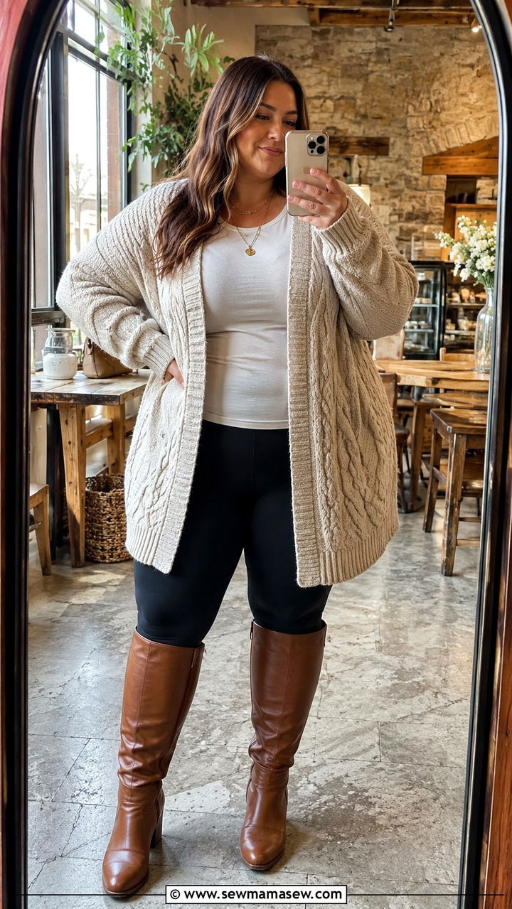 Oversized Cable Knit Cardigan with Leggings and Knee High Boots - 30 plus size brunch outfit ideas
