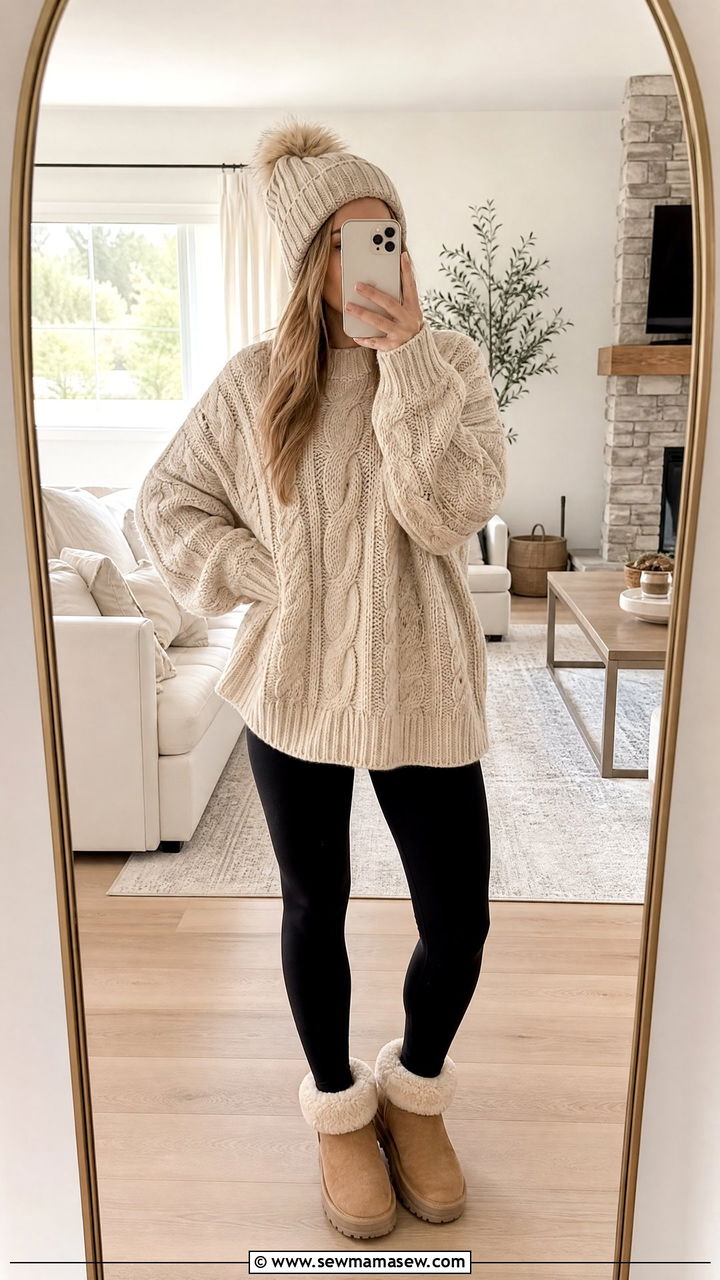 Oversized Cable Knit Sweater With Black Leggings And Shearling Boots - 35 Hygge outfit ideas
