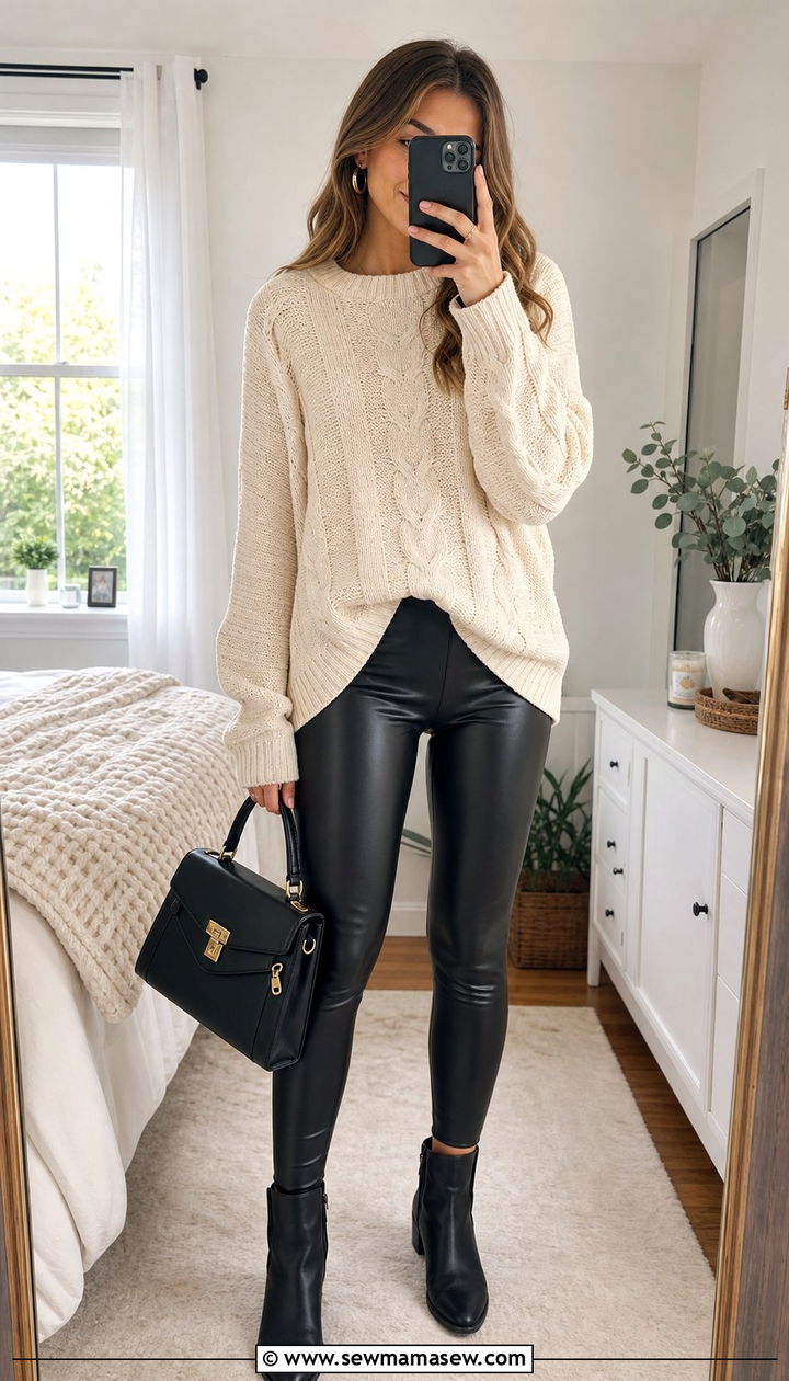 Oversized Cable Knit Sweater With Faux Leather Leggings - 25 Clean girl outfit ideas for teens