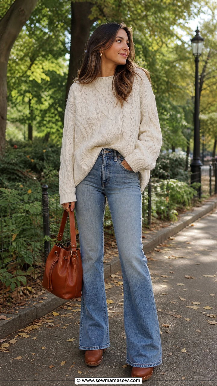 Oversized Cable Knit Sweater With Flare Jeans And Bucket Bag - 30 Flare jeans outfit ideas with a sweater