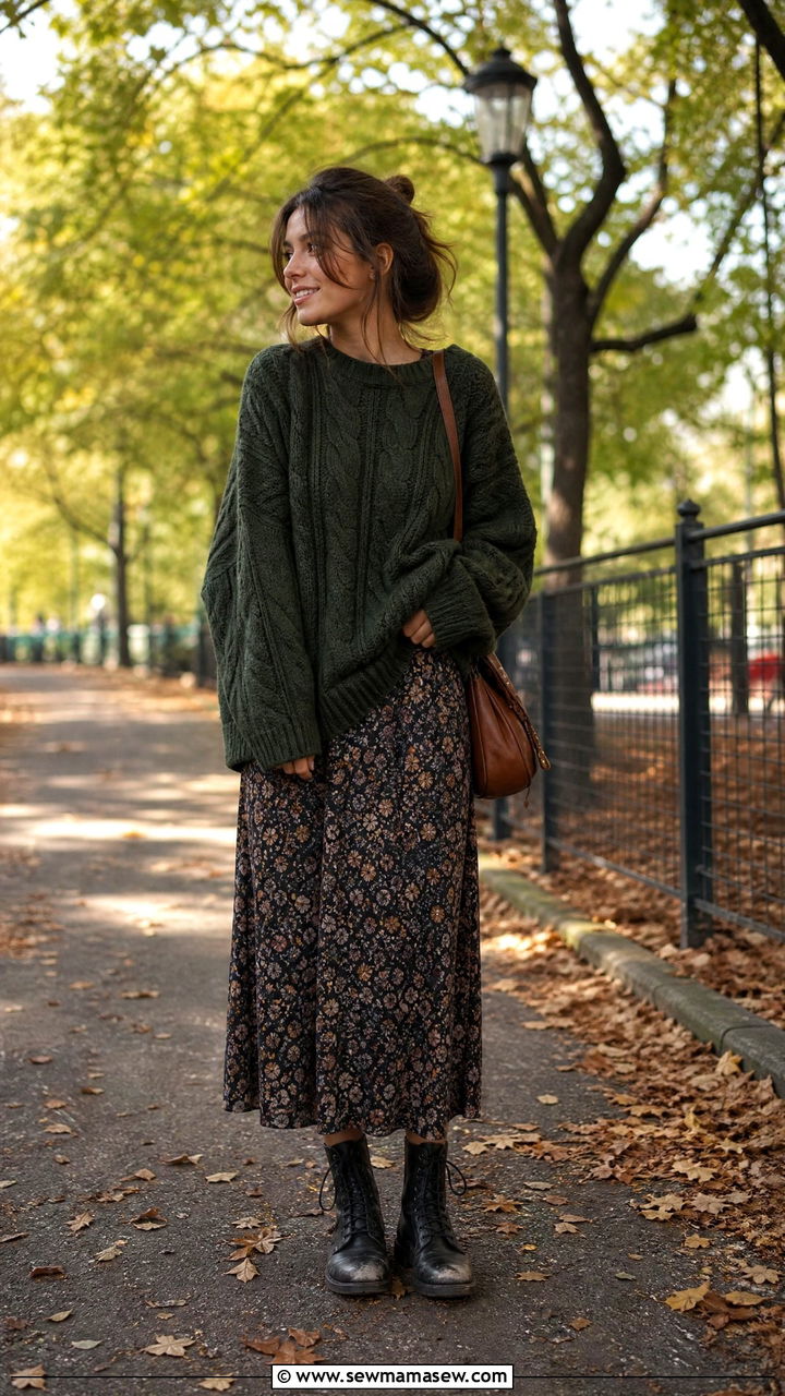 Oversized Cable Knit Sweater With Floral Midi Skirt And Combat Boots - 40 grunge outfits ideas