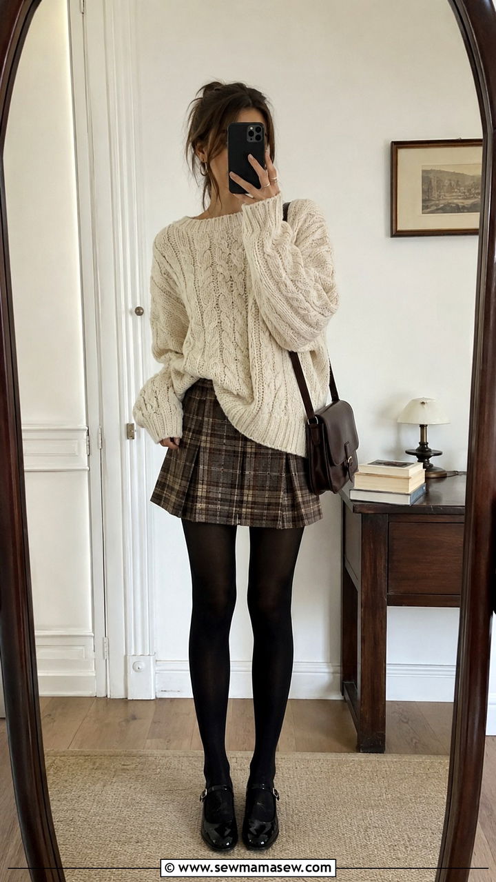 Oversized Cable Knit Sweater With Plaid Mini Skirt - 20 Poetcore outfit ideas Dead Poets Society vibe