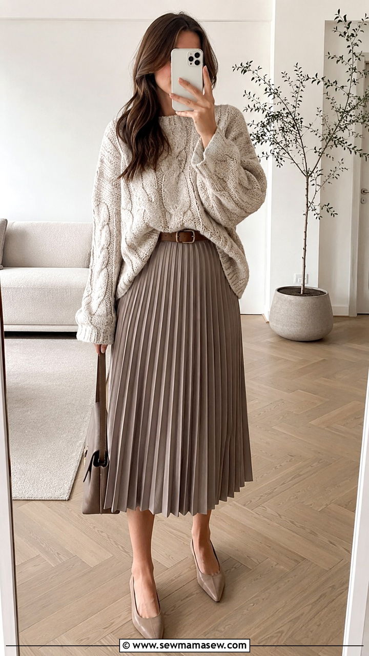 Oversized Cable Knit Sweater With Pleated Midi Skirt - 30 Oversized sweater with a skirt outfit ideas