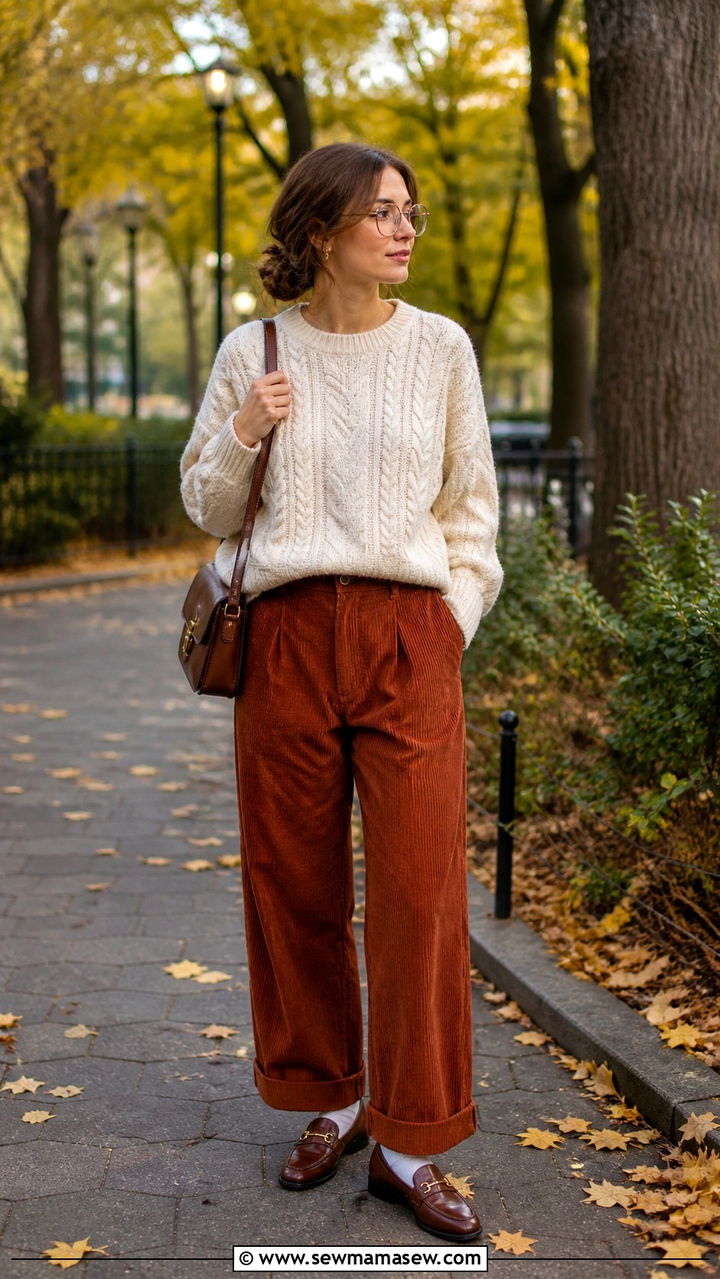 Oversized Cable Knit Sweater With Wide Leg Corduroy Trousers and Loafers - 20 Eclectic grandpa outfit ideas women