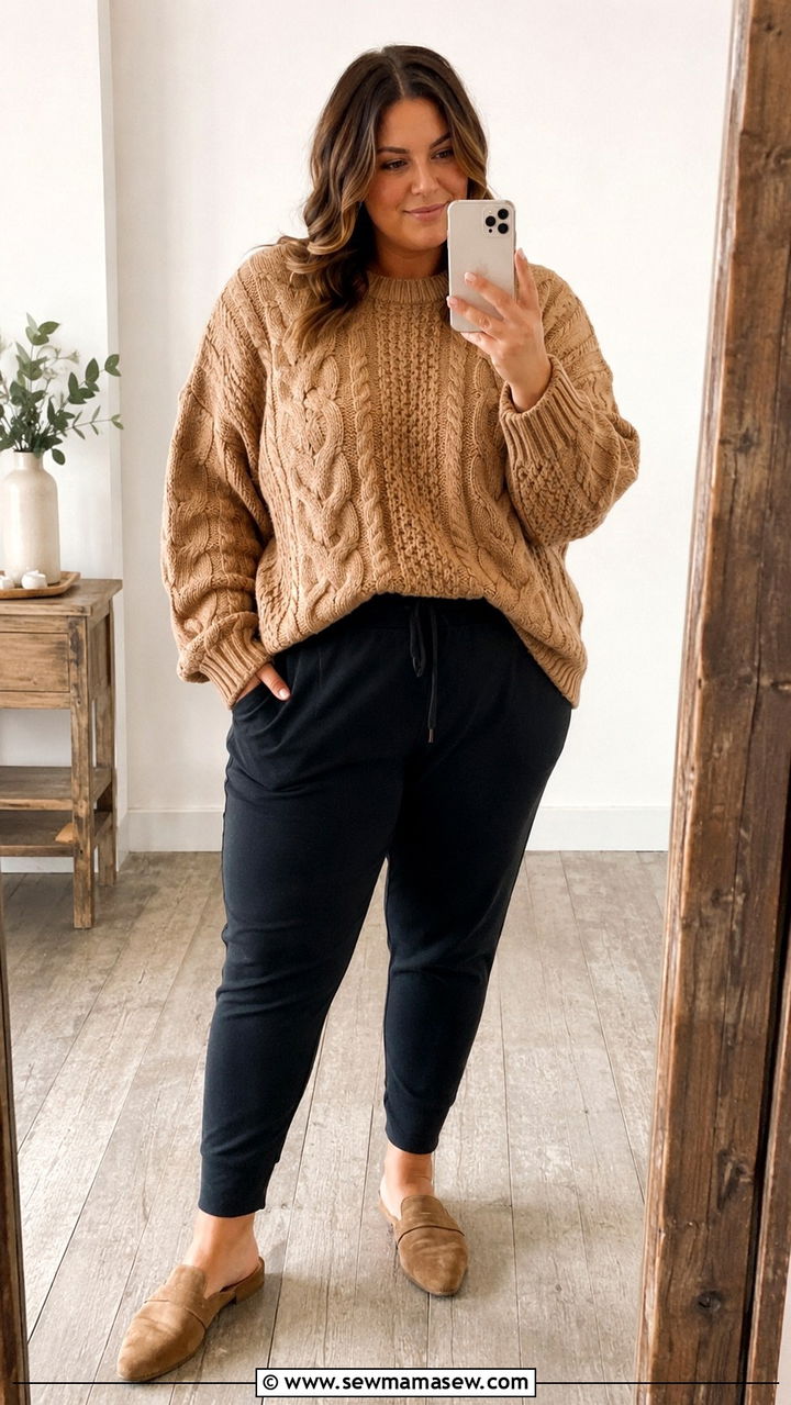Oversized Cable Knit Sweater and Tapered Joggers - 30 Plus size loungewear outfit ideas