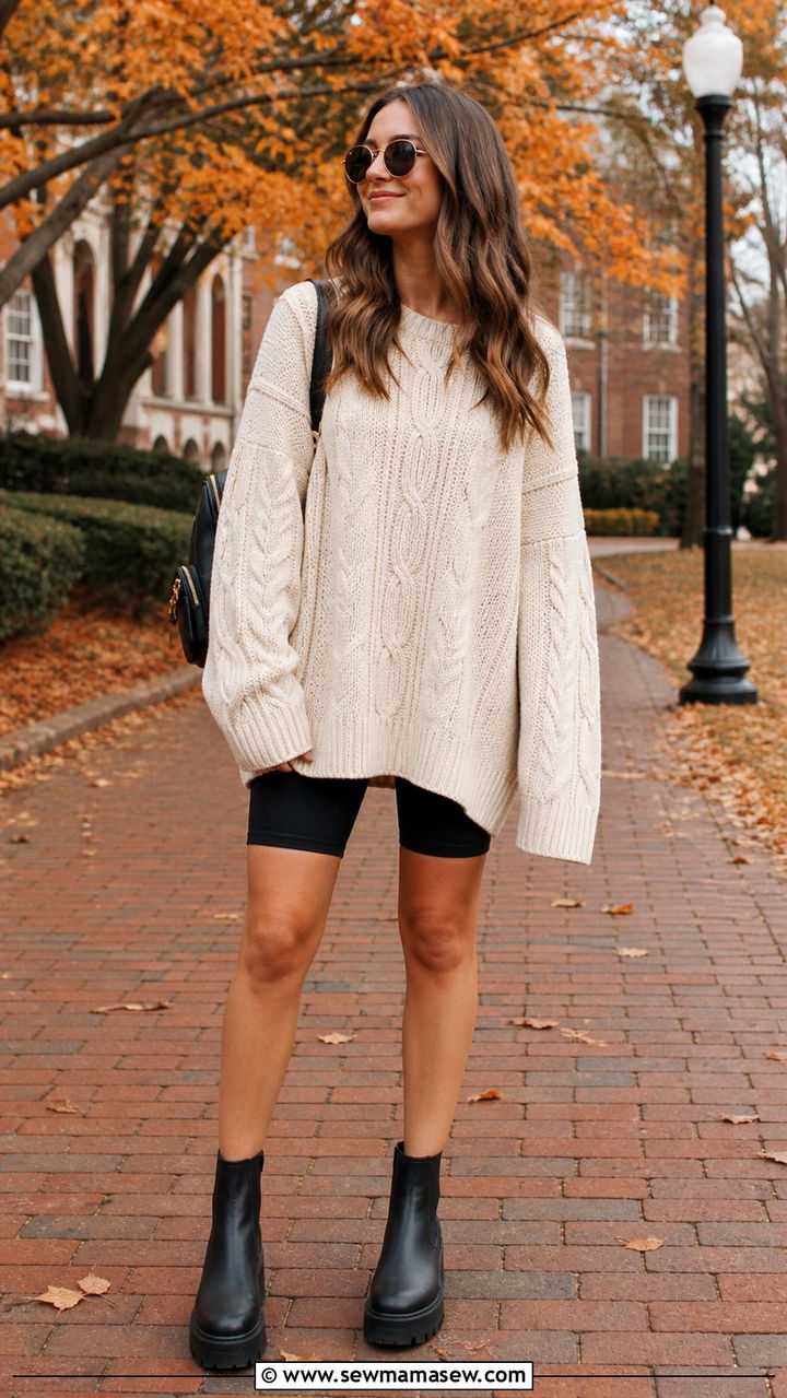 Oversized Cable Knit Sweater with Biker Shorts and Boots Outfit - 40 First day of school outfit ideas 2026