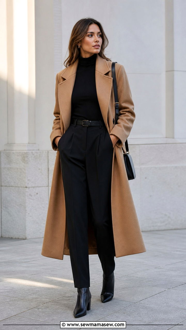 Oversized Camel Coat with Cream Knit and Straight Leg Jeans - 40 Camel outfit ideas