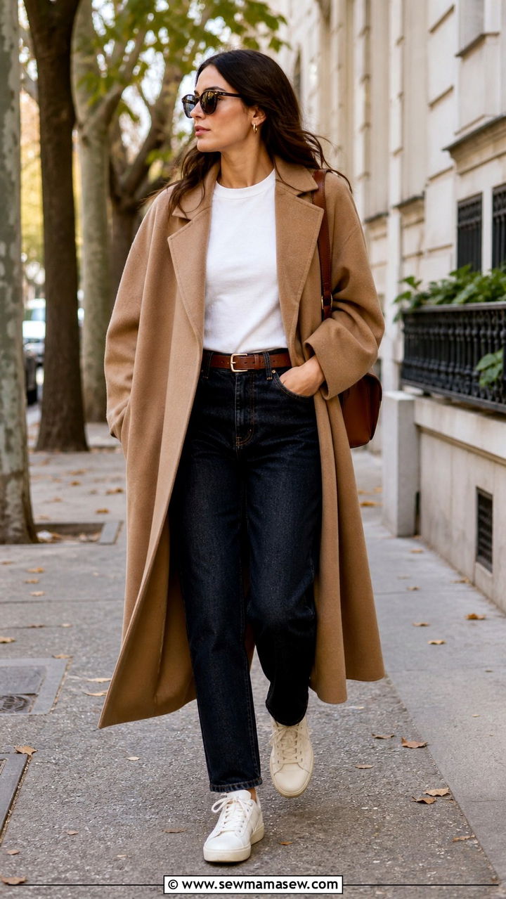 Oversized Camel Coat with Dark Denim - 40 Neutral outfit ideas