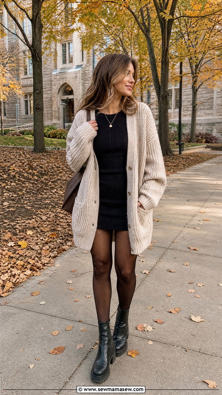Oversized Cardigan And Mini Dress School Outfit - 30 classy school outfits
