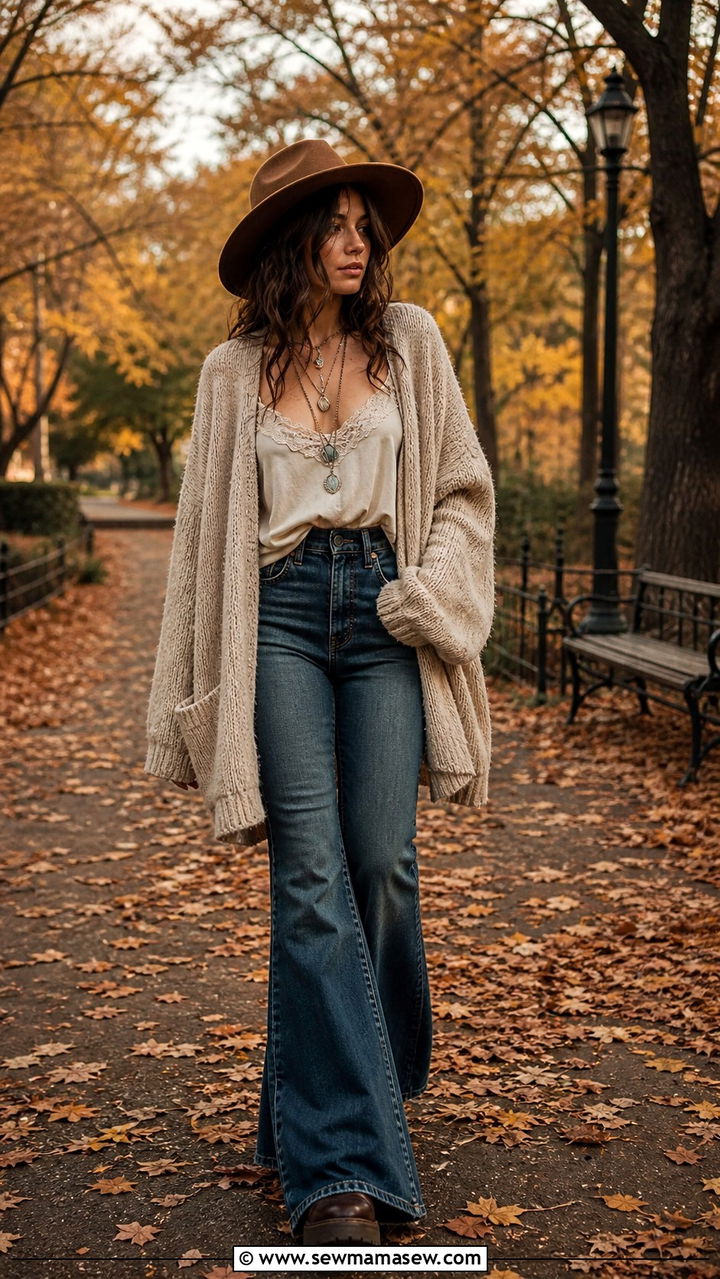 Oversized Cardigan Over Crochet Top And Flared Jeans - 40 grunge outfits