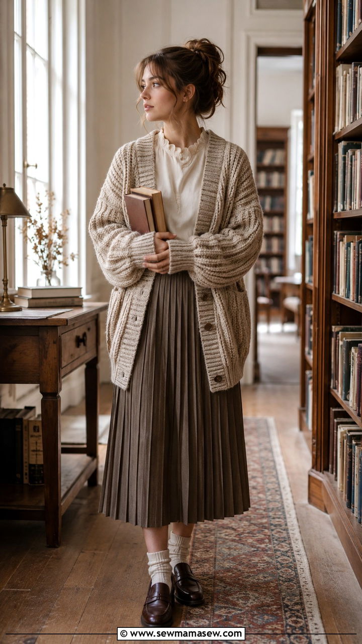 Oversized Cardigan Ruffle Collar Tee And Pleated Skirt - 25 poetcore outfits