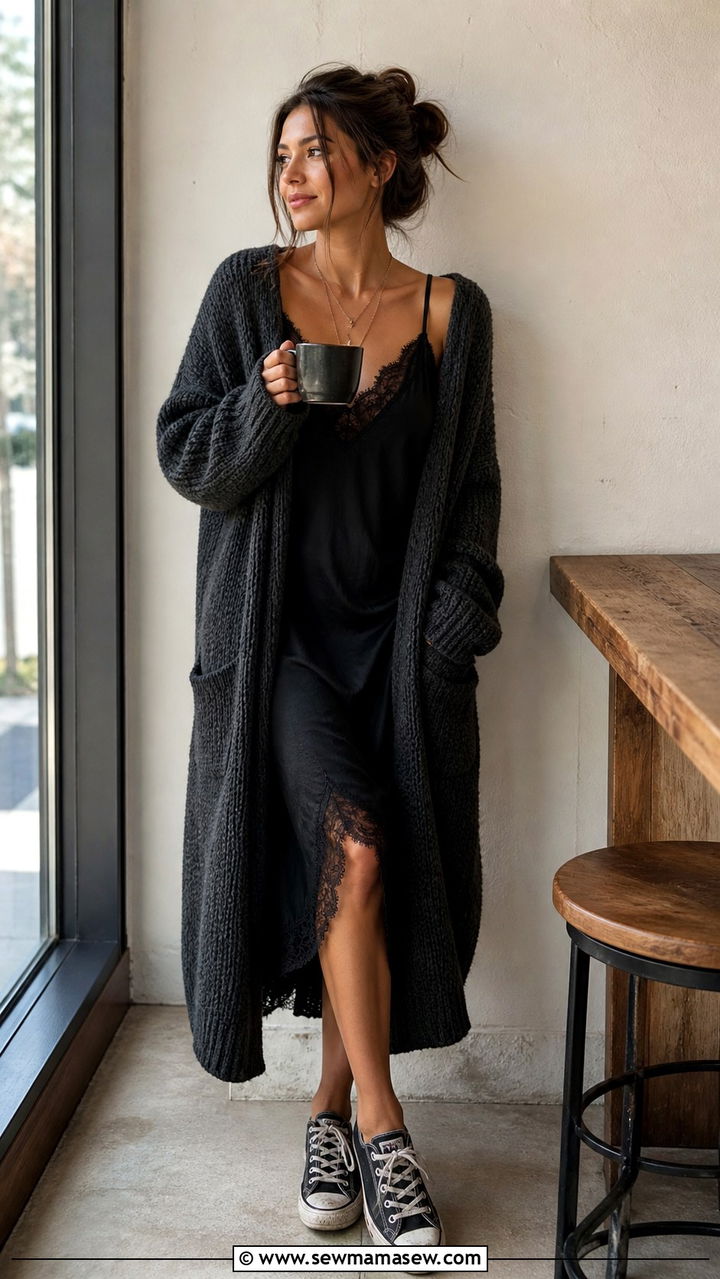 Oversized Cardigan Slip Dress Scuffed Sneakers - 40 Grunge outfit ideas