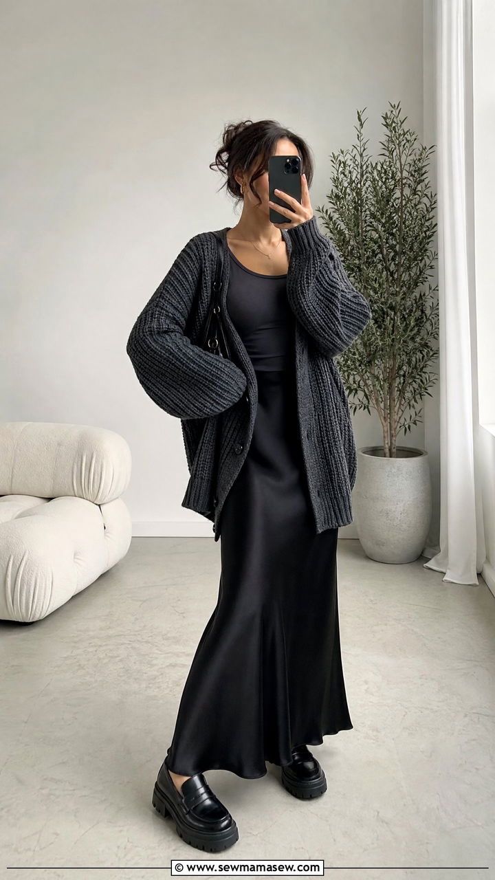 Oversized Cardigan With A Slip Skirt - 25 classy grunge outfit ideas