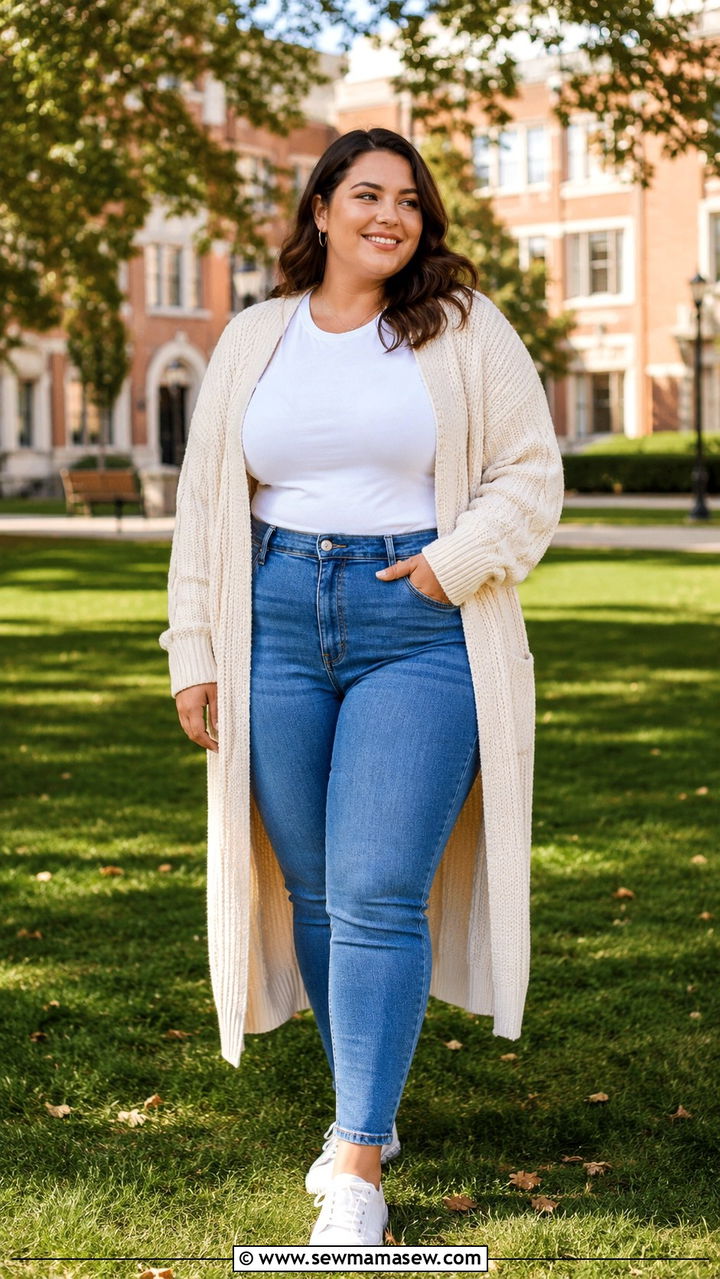 Oversized Cardigan With Fitted Tee And Classic Blue Jeans - 30 Plus size outfit ideas for college