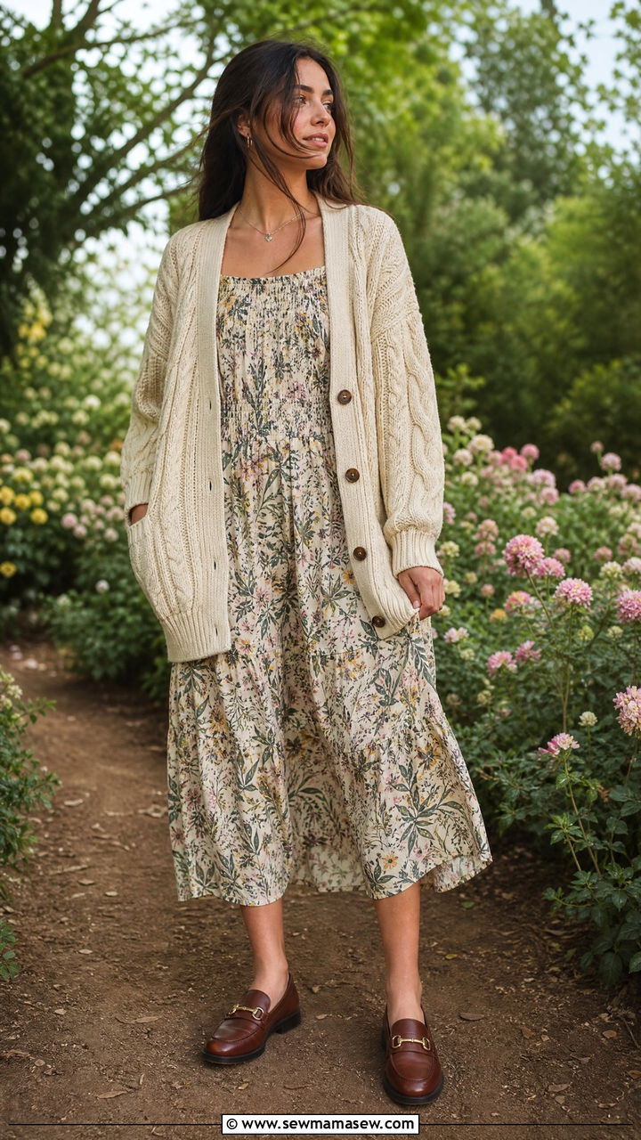 Oversized Cardigan With Floral Midi Dress And Loafers - 30 Taylor Swift concert outfit ideas