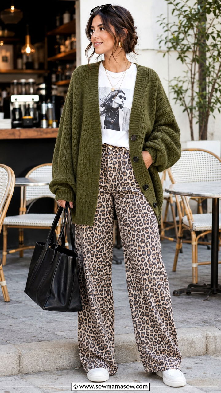 Oversized Cardigan With Graphic Tee And Leopard Trousers - 30 trendy outfits inspo