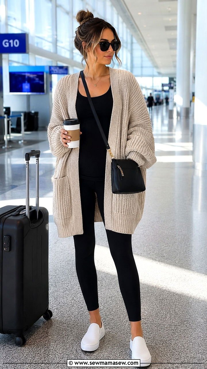 Oversized Cardigan With Leggings and Sneakers Airport Outfit - 20 How to style a cardigan for travel