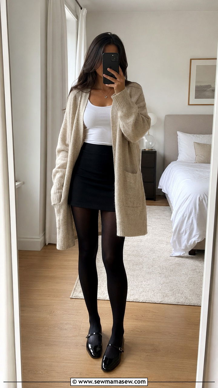 Oversized Cardigan With Mini Skirt And Tights And Mary Jane Flats - 30 Mini skirt outfit ideas with a sweater