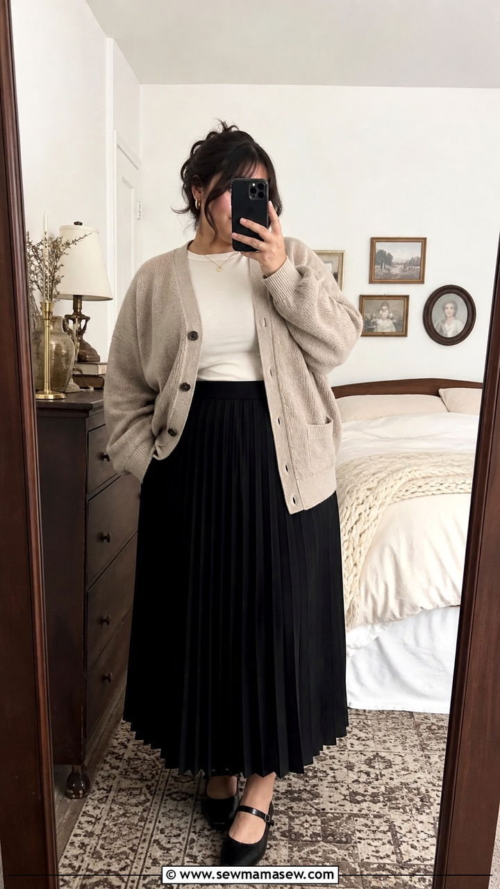 Oversized Cardigan With Pleated Maxi Skirt And Mary Jane Flats - 20 Dark academia outfits for curvy women