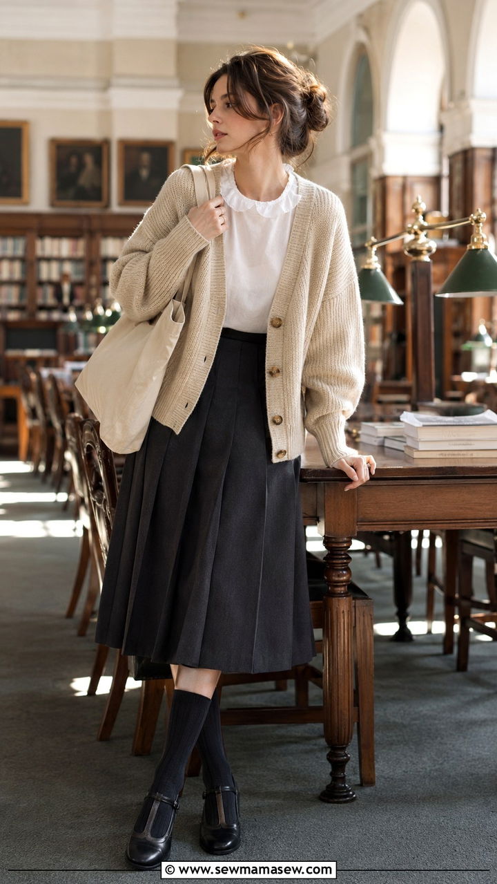 Oversized Cardigan With Pleated Skirt - 25 Poetcore outfit ideas
