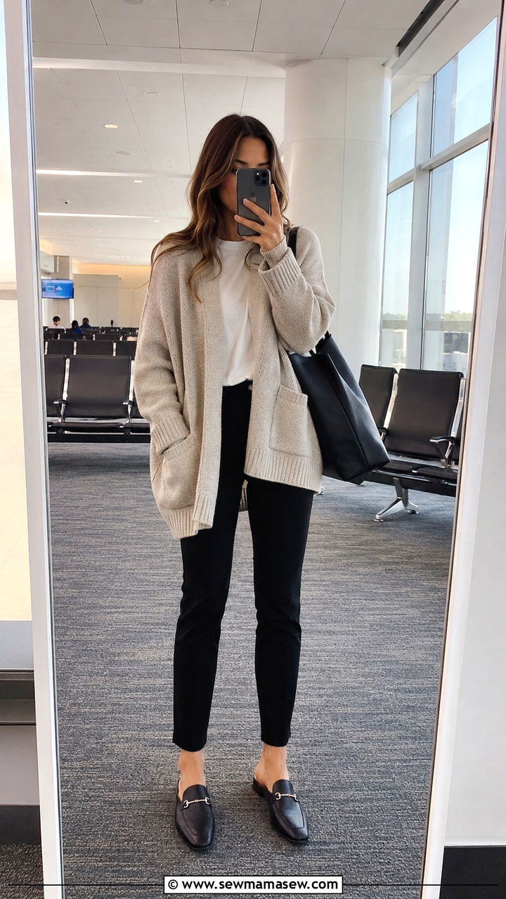 Oversized Cardigan With Slim Black Pants - 25 travel outfits aesthetic