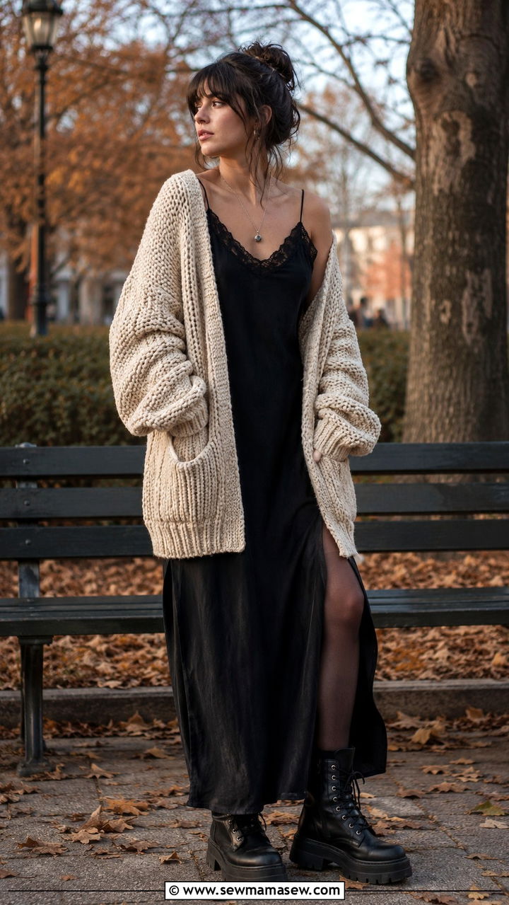 Oversized Cardigan With Slip Dress and Platform Boots - 30 grunge outfits aesthetic