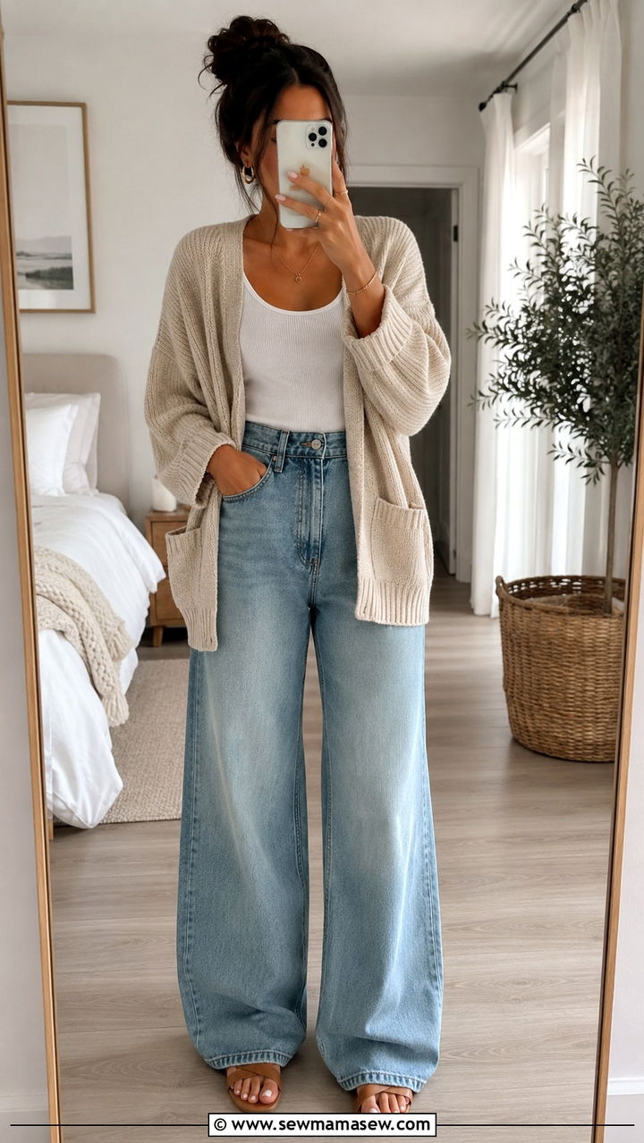 Oversized Cardigan With Tank Top And Wide Leg Jeans - 30 Warm day cold night outfits