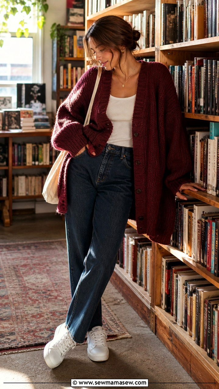 Oversized Cardigan With Vintage Denim And White Sneakers - 40 grunge outfits ideas