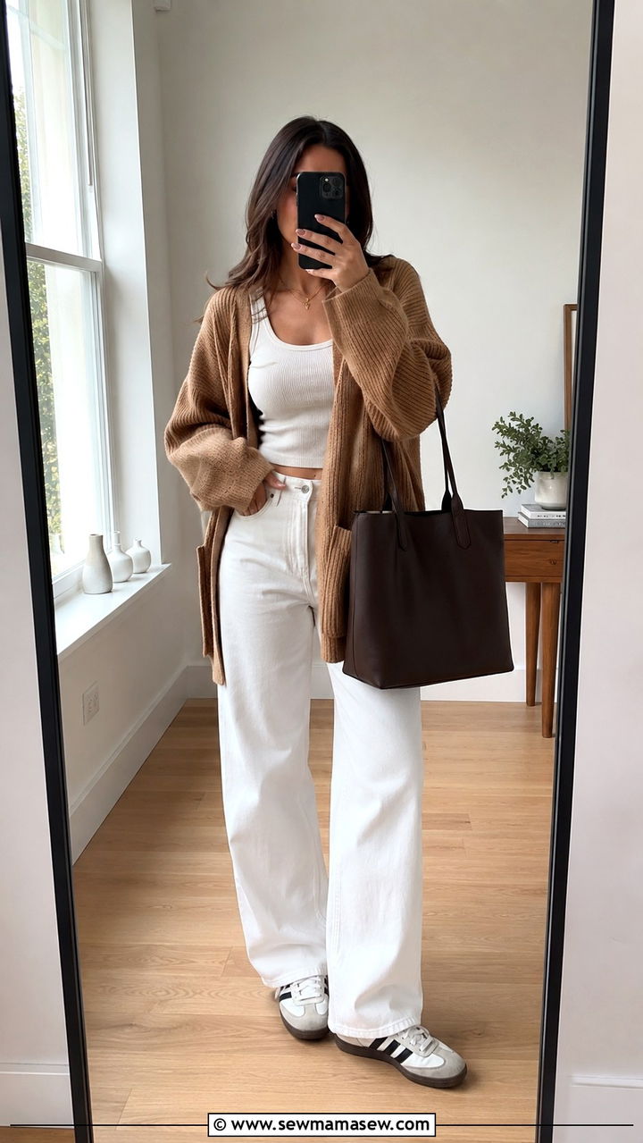Oversized Cardigan With White Jeans Outfit - 30 Late August outfit ideas
