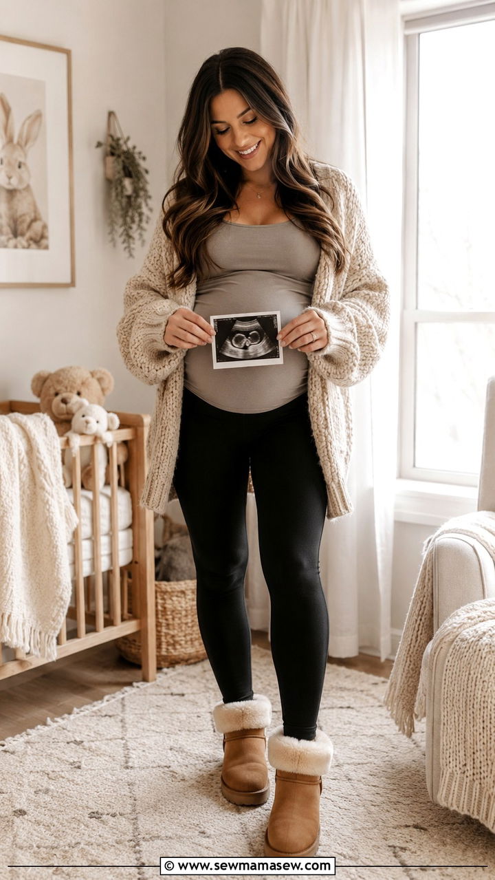 Oversized Cardigan and Leggings Pregnancy Announcement Outfit - 20 Pregnancy announcement photo outfit ideas