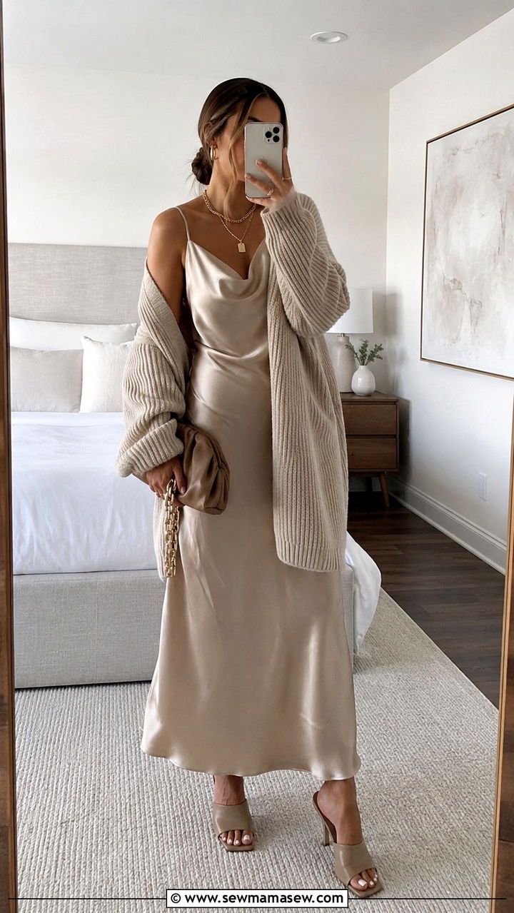 Oversized Cardigan and Satin Slip Dress - 30 Cardigan and dress matching set outfit ideas