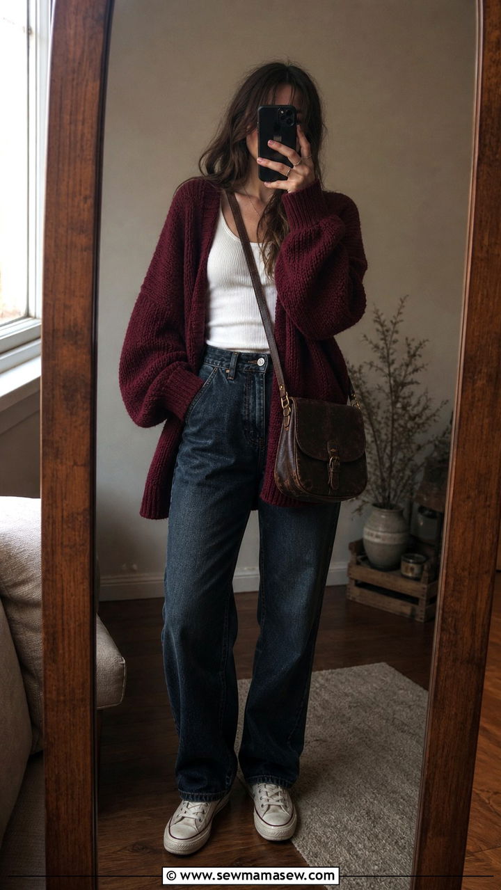 Oversized Cardigan and Vintage Jeans Grunge Look - 40 grunge outfits for women