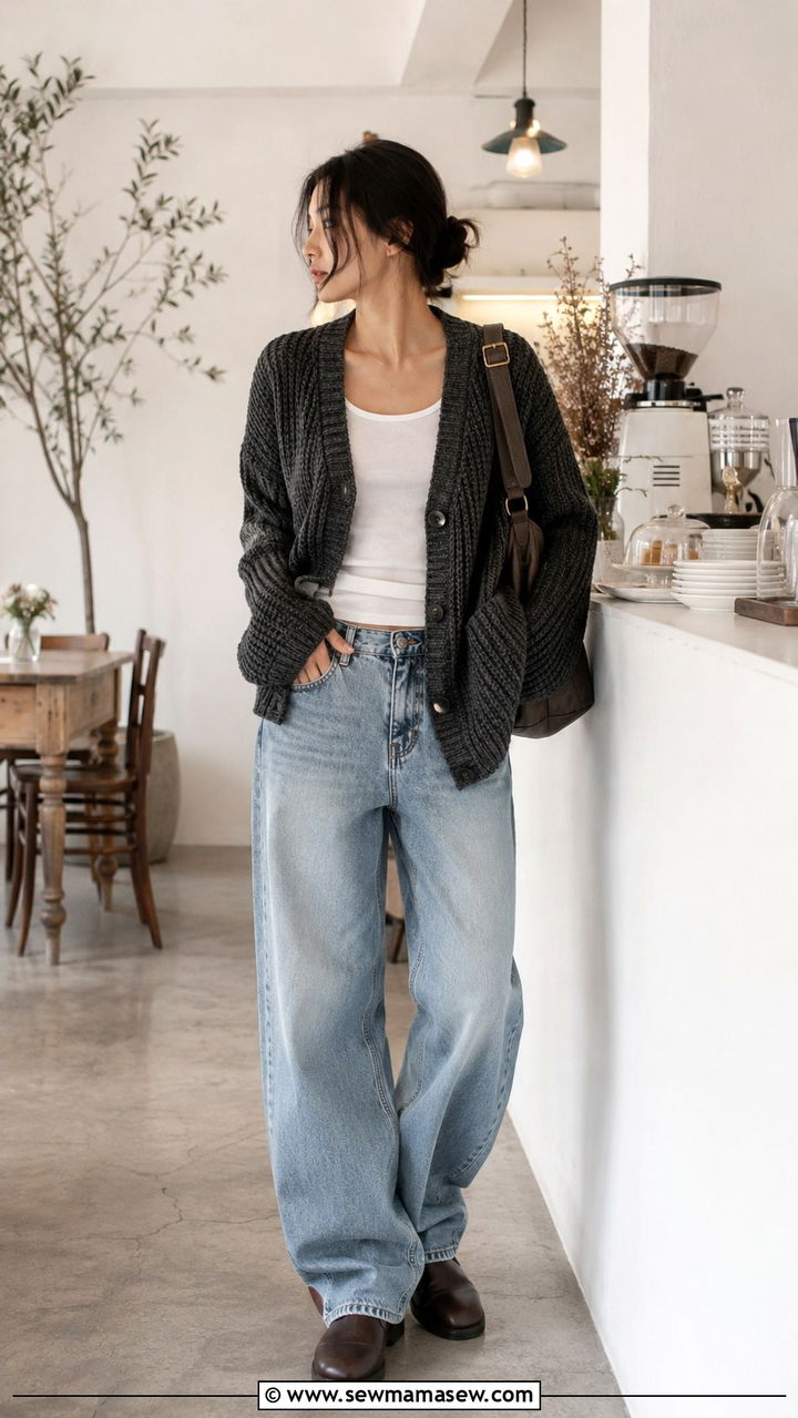 Oversized Cardigan with Baggy Jeans and Mules - 30 Tomboy outfit ideas