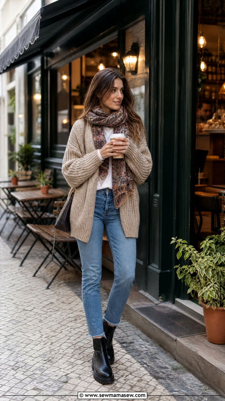 Oversized Cardigan with Jeans and Ankle Boots - 35 Lisbon vacation outfit ideas