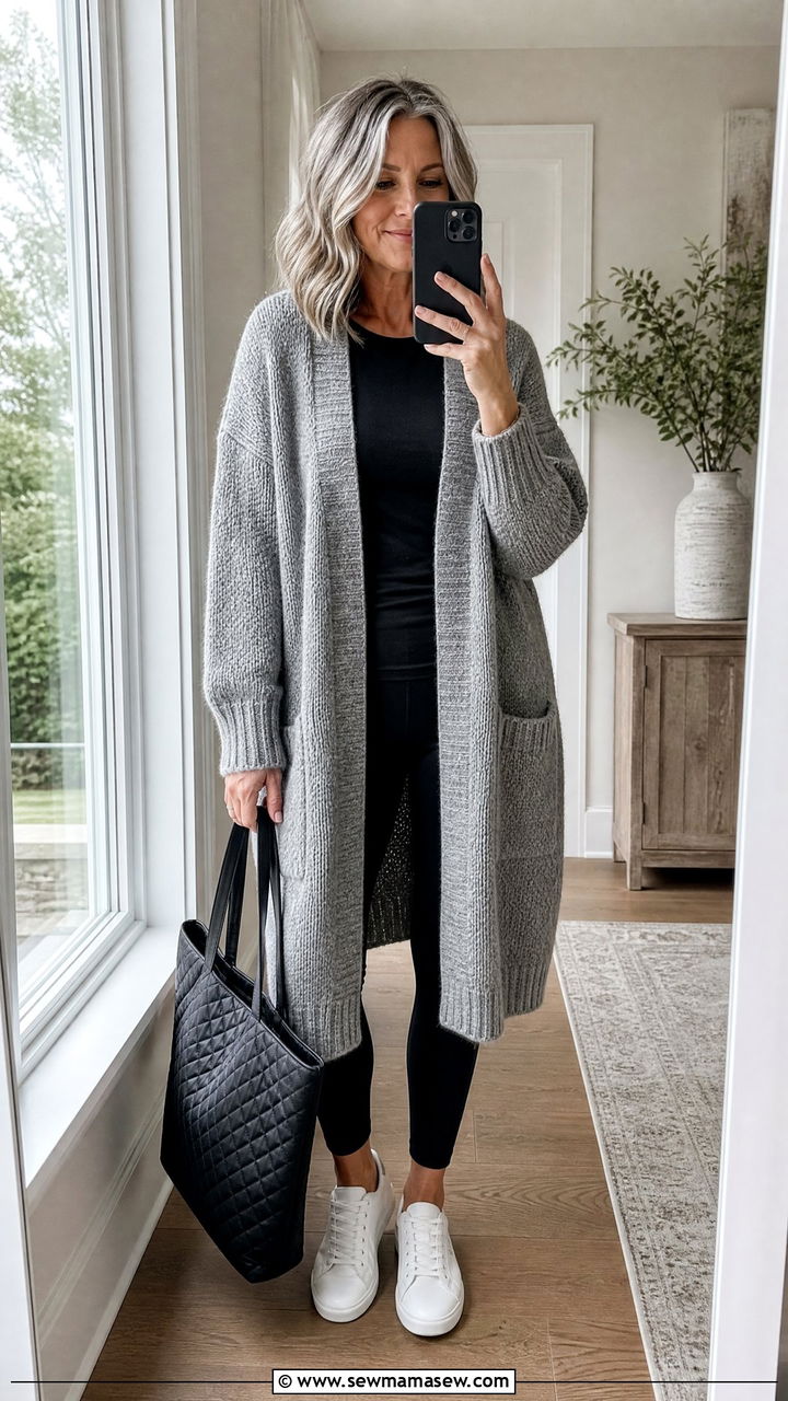 Oversized Cardigan with Leggings and Sneakers - 25 cardigan outfits for women over 40