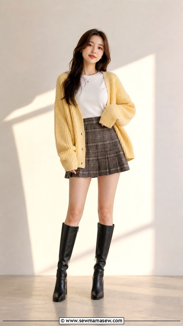 Oversized Cardigan with Plaid Skirt and Tall Boots - 40 back to school outfits ideas
