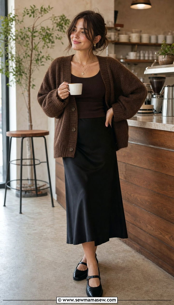 Oversized Cardigan with Slip Skirt and Mary Jane Shoes - 25 cute dark academia outfits
