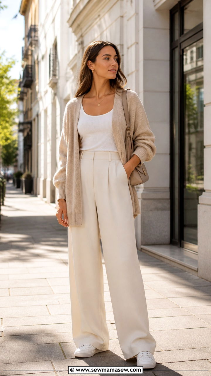 Oversized Cardigan with Tank Top Trousers and Sneakers - 40 Spring weekend outfit ideas