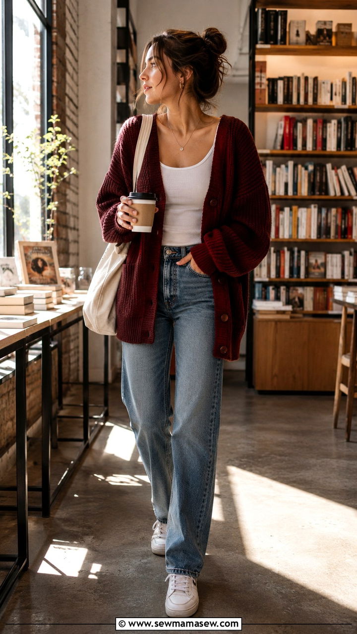 Oversized Cardigan with Vintage Denim and White Sneakers - 30 casual grunge outfits