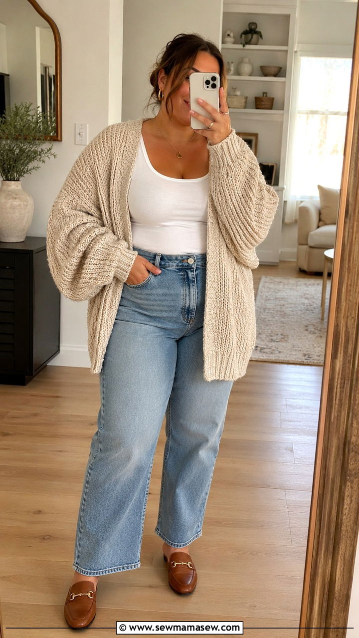 Oversized Cardigan with White Tank and Vintage Wash Jeans - 30 Brunch outfit ideas plus size